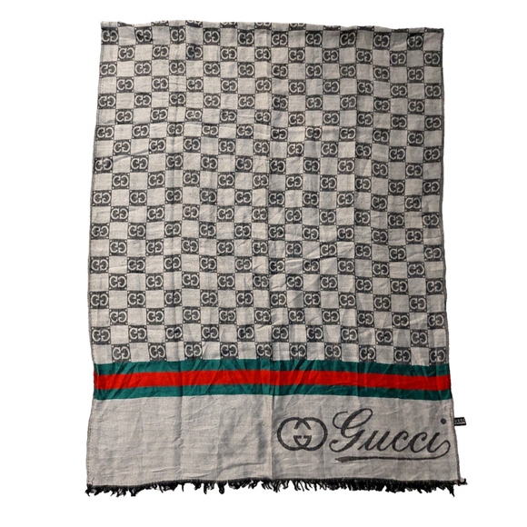 Gucci Black Gray GG Logo Print Red & Green Stripe Cashmere Silk Scarf Pre-owned - Picture 7 of 16